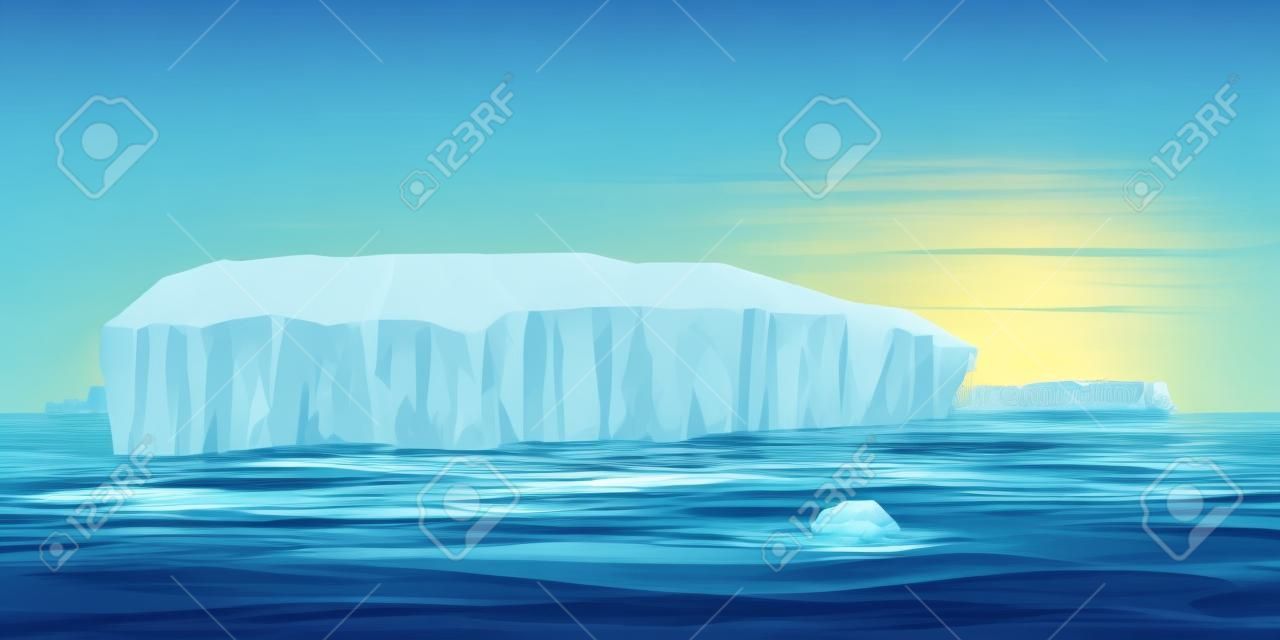 Ein riesiger Eisberg in der Illustration der Ozeanlandschaft, Illustration des Konzepts der globalen Erwärmung, Eisberg driftet ins Meer, großer Eisberg brach weg