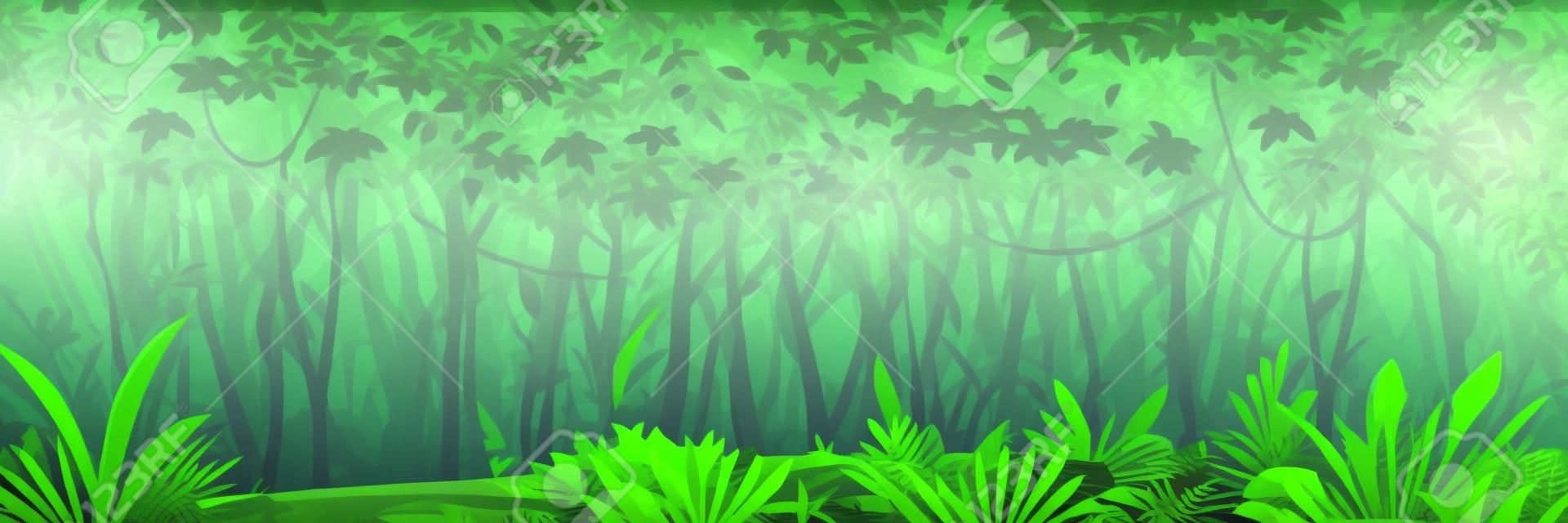 Foresta selvaggia della giungla scura umida con alberi, cespugli e liane, paesaggio naturale con fogliame verde della giungla e piante esotiche che crescono a terra, banner orizzontale con piante tropicali in giornata di sole
