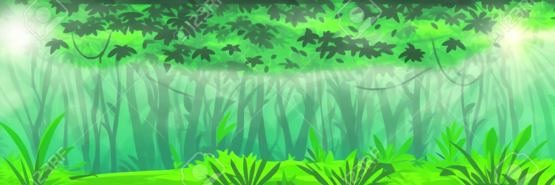 Wild wet dark jungle forest with trees, bushes and lianas, nature landscape with green jungle foliage and exotic plants growing on ground, horizontal banner with tropical plants on sunny day