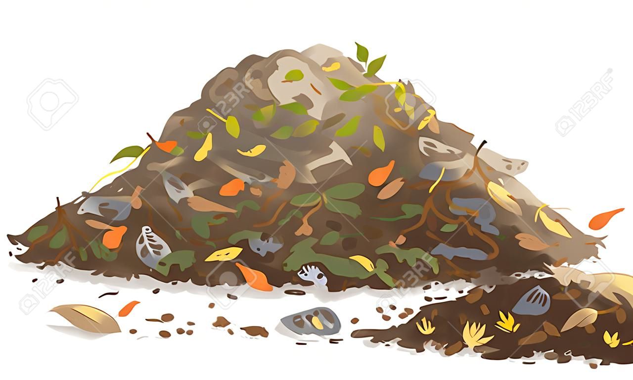 One big brown heap of organic food for compost in side view isolated, composting process of food waste and fallen leaves, transformation of food waste into fertile soil, landfill of organic waste