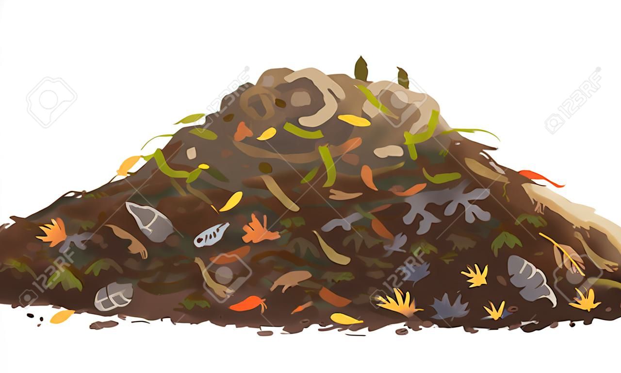 One big brown heap of organic food for compost in side view isolated, composting process of food waste and fallen leaves, transformation of food waste into fertile soil, landfill of organic waste