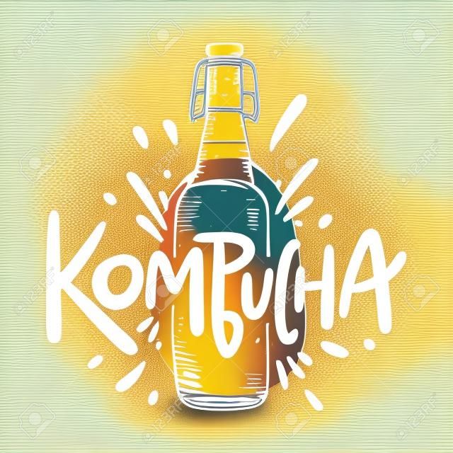 Kombucha hand drawn vector lettering and bottle illustration. Isolated on white background. Kombucha healthy fermented probiotic tea.