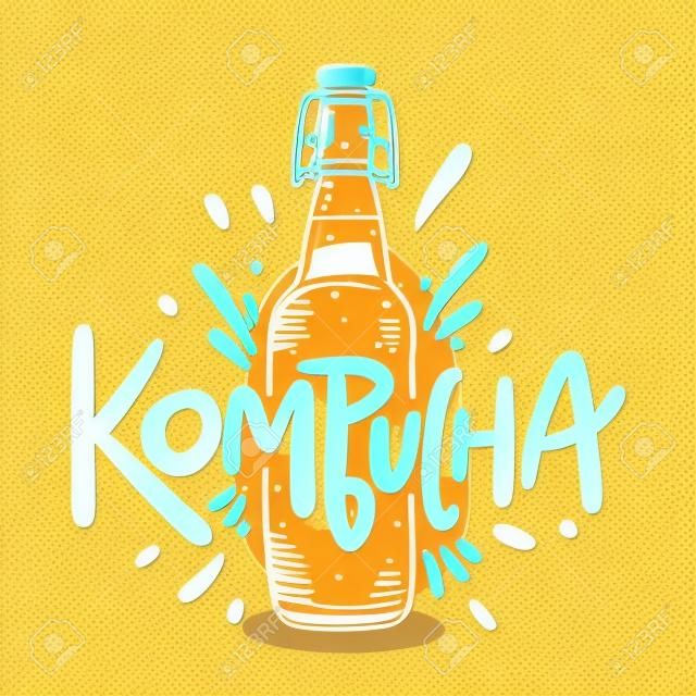 Lettrage de vecteur dessiné à la main de Kombucha et illustration de bouteille. Isolé sur fond blanc. Thé probiotique fermenté sain Kombucha.