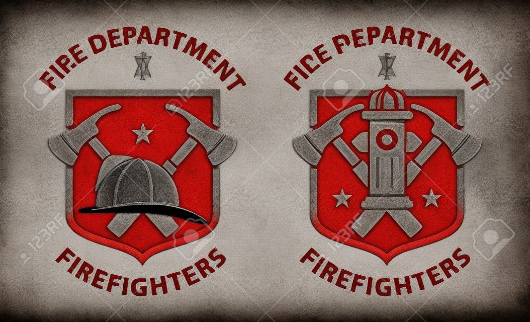 Red vintage fireman pictograms in grey shield