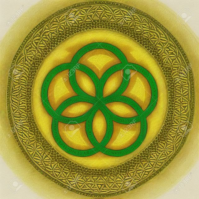Ziarno Życia. Prekursor symbolu kwiatu życia. Niepowtarzalna figura geometryczna, złożona z siedmiu nakładających się na siebie okręgów o tej samej wielkości, tworzących symetryczną strukturę sześciokąta.