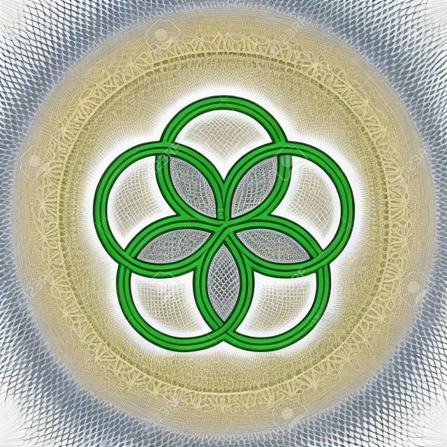 Ziarno Życia. Prekursor symbolu kwiatu życia. Niepowtarzalna figura geometryczna, złożona z siedmiu nakładających się na siebie okręgów o tej samej wielkości, tworzących symetryczną strukturę sześciokąta.