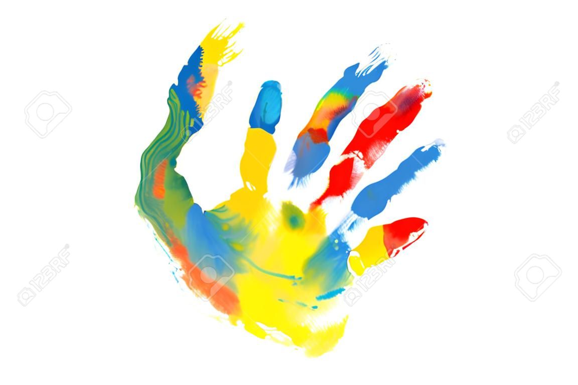 Handprints dzieci z kolorowych farbą akrylową na białym papierze