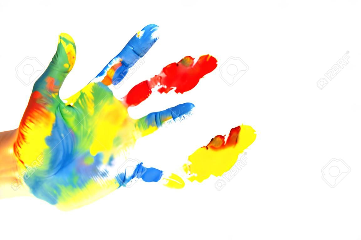 Handprints dzieci z kolorowych farbą akrylową na białym papierze