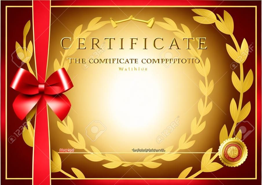 Certificado de finalización (plantilla) con sello de cera, la frontera y el arco rojo (cinta). Fondo de oro utilizable para el diploma diseño, invitación, tarjeta regalo, cupón, oficial o de diferentes premios. Vector