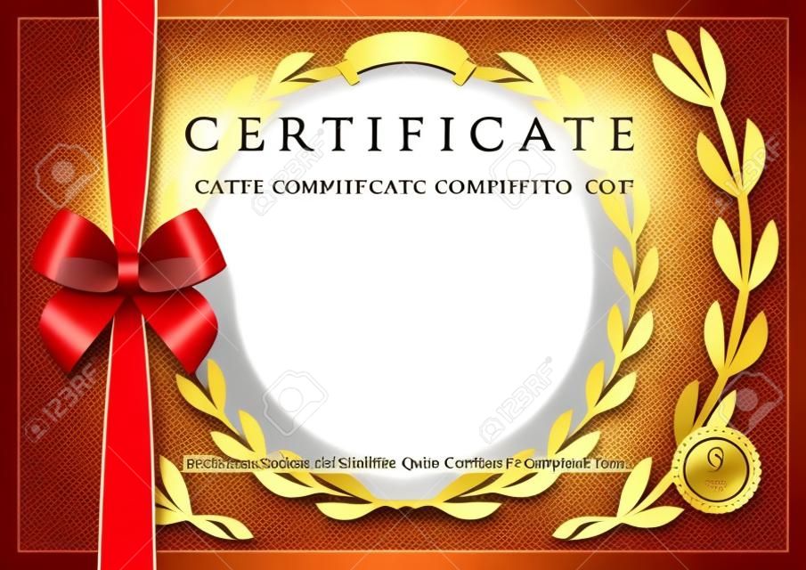 Certificate of completion (template) with wax seal, border and red bow (ribbon). Golden background design usable for diploma, invitation, gift voucher, coupon, official or different awards. Vector