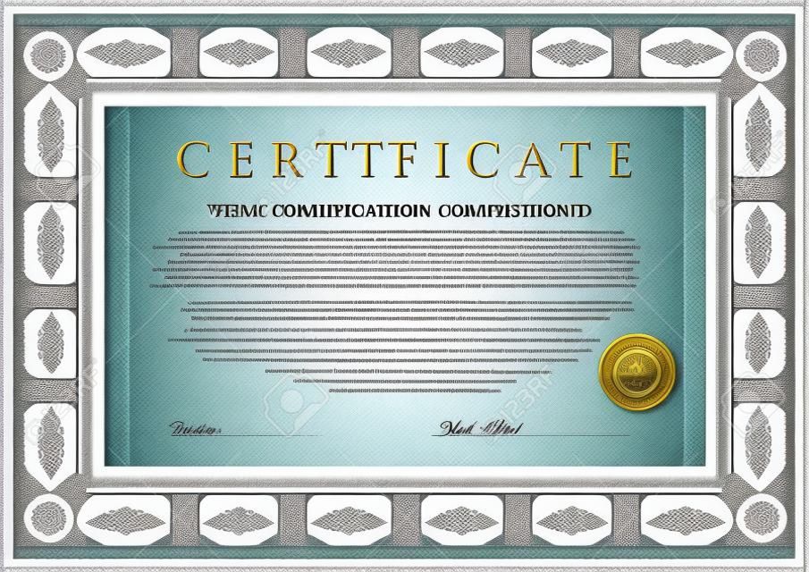 Diploma de Certificado de finalización plantilla de diseño de fondo de garantía de muestra con marca de agua, frontera, sello de cera Útil para Certificado de Aprovechamiento, Certificado de la educación, los premios