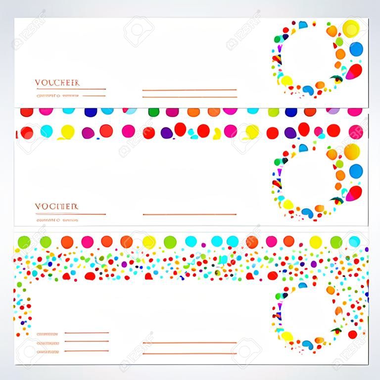 Voucher (Gift certificate) template with colorful (bright, rainbow) abstract background design.