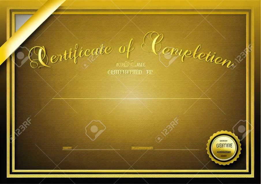 Сертификат, диплом о завершении шаблона дизайна, образцом фон с абстрактным рисунком, золотой каймой, лентой, сургучной печатью Полезно для Сертификат достижений, документ об образовании, награды