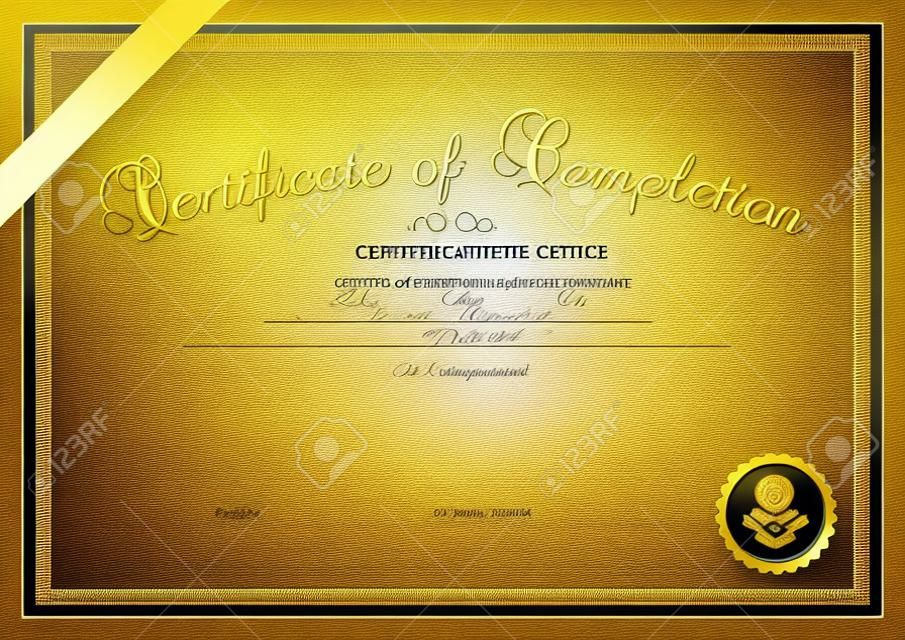 Certificate, Diploma di modello di progettazione di completamento, campione di fondo con il modello astratto, bordo oro, nastro, sigillo di cera Utile per il Certificate of Achievement, titolo di studio, premi