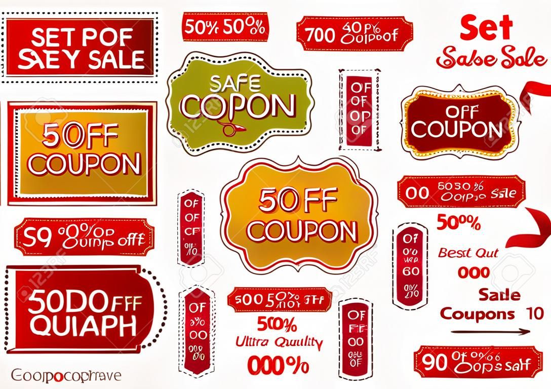 Set  Sale Coupons, labels  banner, tag  template  layout  with gold frame, dotted line  dash line , cutting scissors  cut off   Design for sticker, web ad, ticket etc.