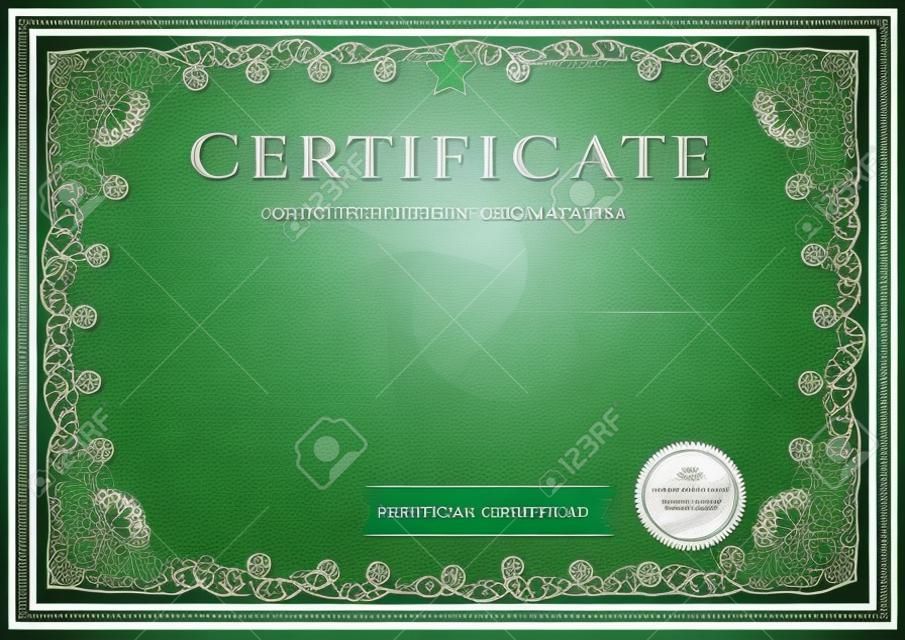 Certificate, Diploma of completion  design template, background  with guilloche pattern  watermark , rosette, border, frame  Green Certificate of Achievement, education, coupon, award, winner  Vector