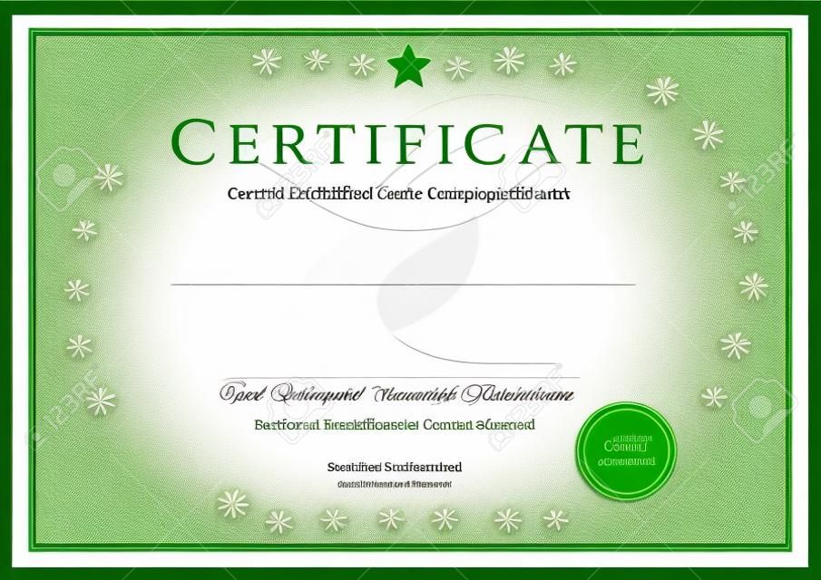 Certificate, Diploma of completion  design template, background  with guilloche pattern  watermark , rosette, border, frame  Green Certificate of Achievement, education, coupon, award, winner  Vector