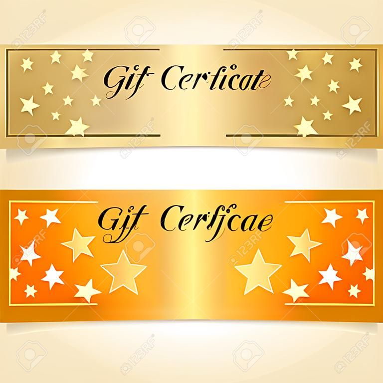 Hediye sertifikası, Çeki, yıldız desen Tatil altın ve para tasarımı için turuncu arka plan ile Kupon şablon, para, not, çek, bilet, ödül Vektör