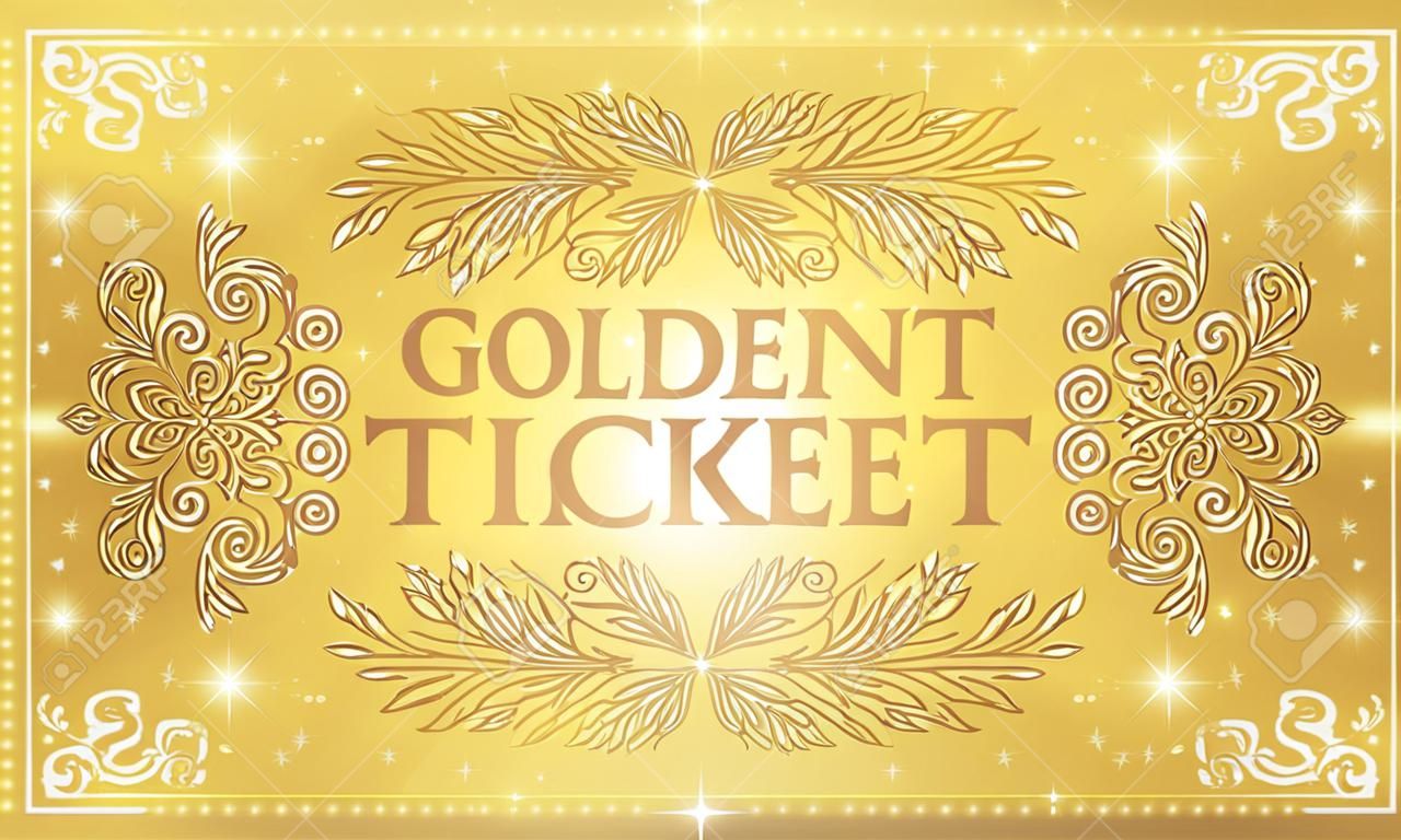 Gold ticket, golden token (tear-off ticket, coupon) with star magical background. Useful for any festival, party, cinema, event, entertainment show