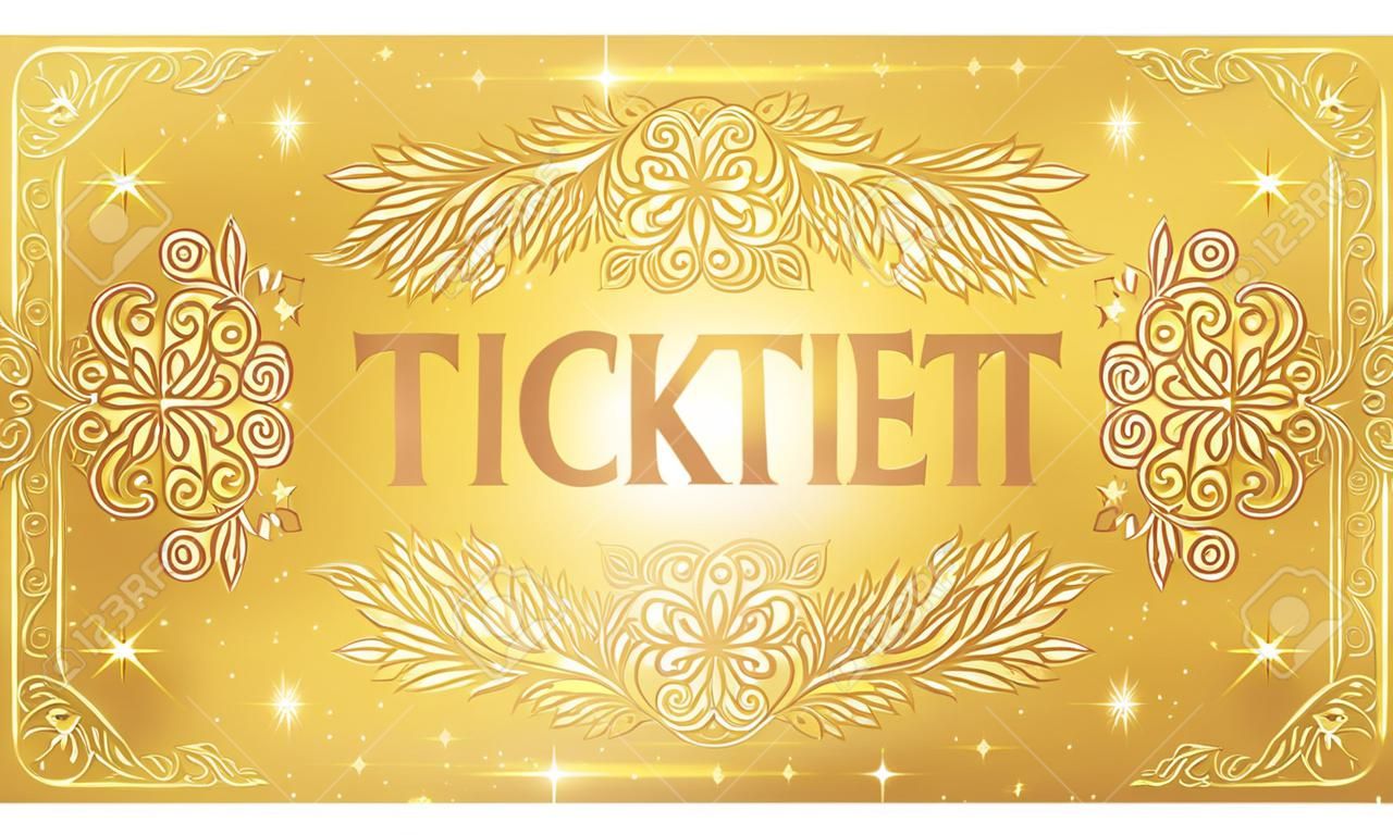 Bilet złoty, złoty żeton (bilet odrywany, kupon) z magicznym tłem gwiazdy. Przydatne na każdy festiwal, imprezę, kino, wydarzenie, program rozrywkowy