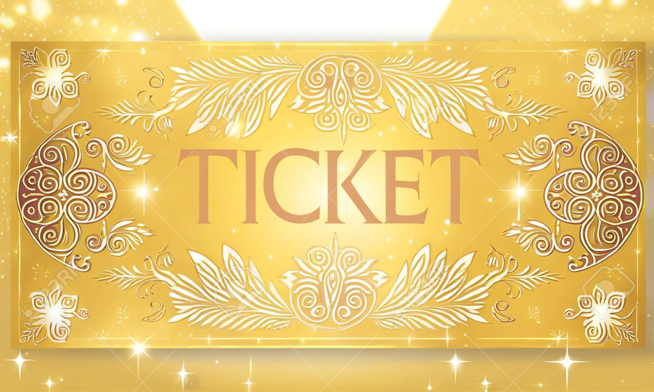 Gold ticket, golden token (tear-off ticket, coupon) with star magical background. Useful for any festival, party, cinema, event, entertainment show