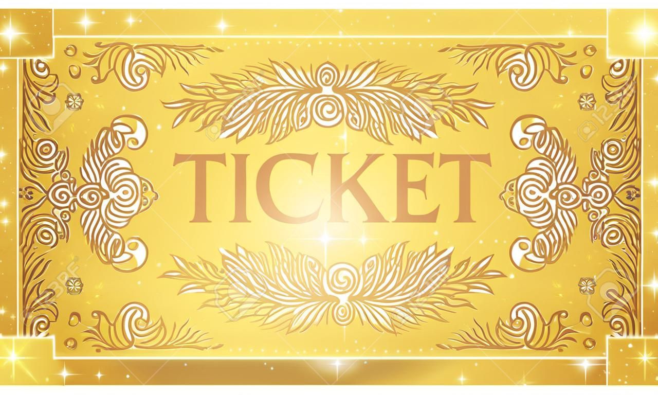 Золотой билет, золотой жетон (отрывной билет, купон) со звездным волшебным фоном. Полезно для любого фестиваля, вечеринки, кино, мероприятия, развлекательного шоу