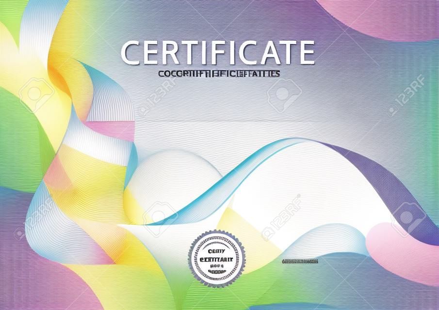 Certificaat, Diploma van voltooiing (ontwerp sjabloon, achtergrond) met kleurrijke guilloche patroon (watermerk, lijnen)