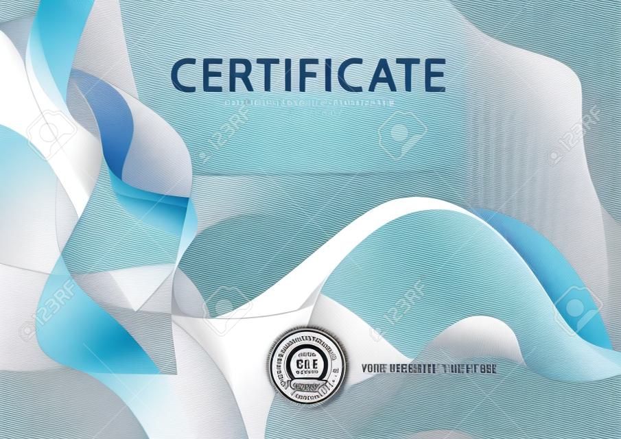 Certificaat, Diploma van voltooiing (ontwerp sjabloon, achtergrond) met kleurrijke guilloche patroon (watermerk, lijnen)