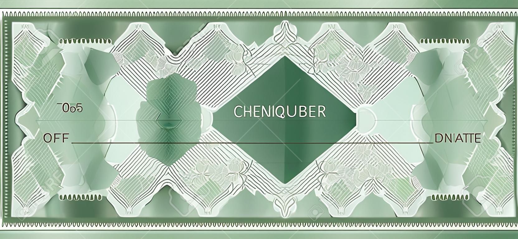 Check, Cheque (Chequebook template). Guilloche pattern with abstract floral watermark, border. Green background for banknote, money design, currency, bank note, Voucher, Gift certificate, Money coupon