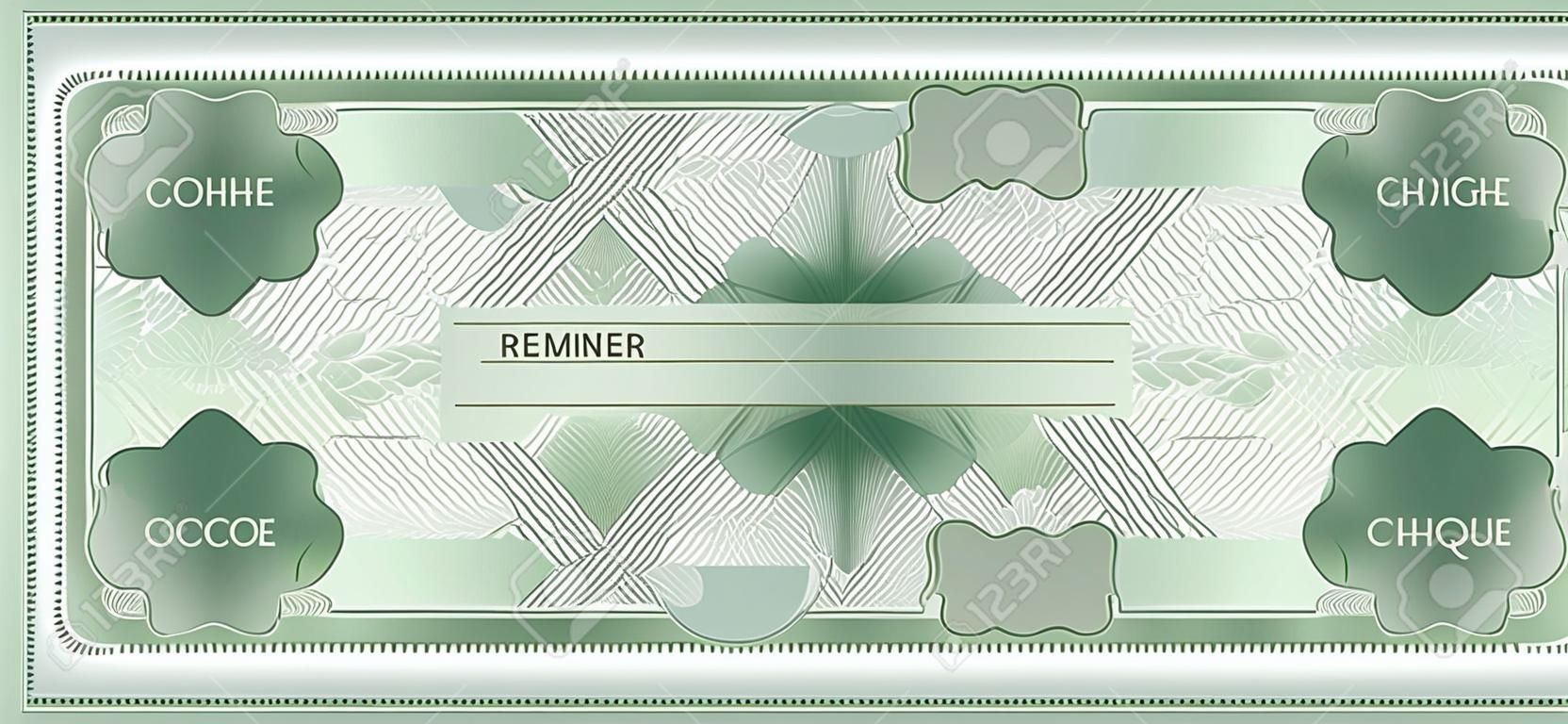 小切手、小切手(小切手帳テンプレート)。抽象的な花の透かし、ボーダーとギロチェパターン。紙幣、マネーデザイン、通貨、紙幣、伝票、ギフト券、マネークーポンのための緑の背景
