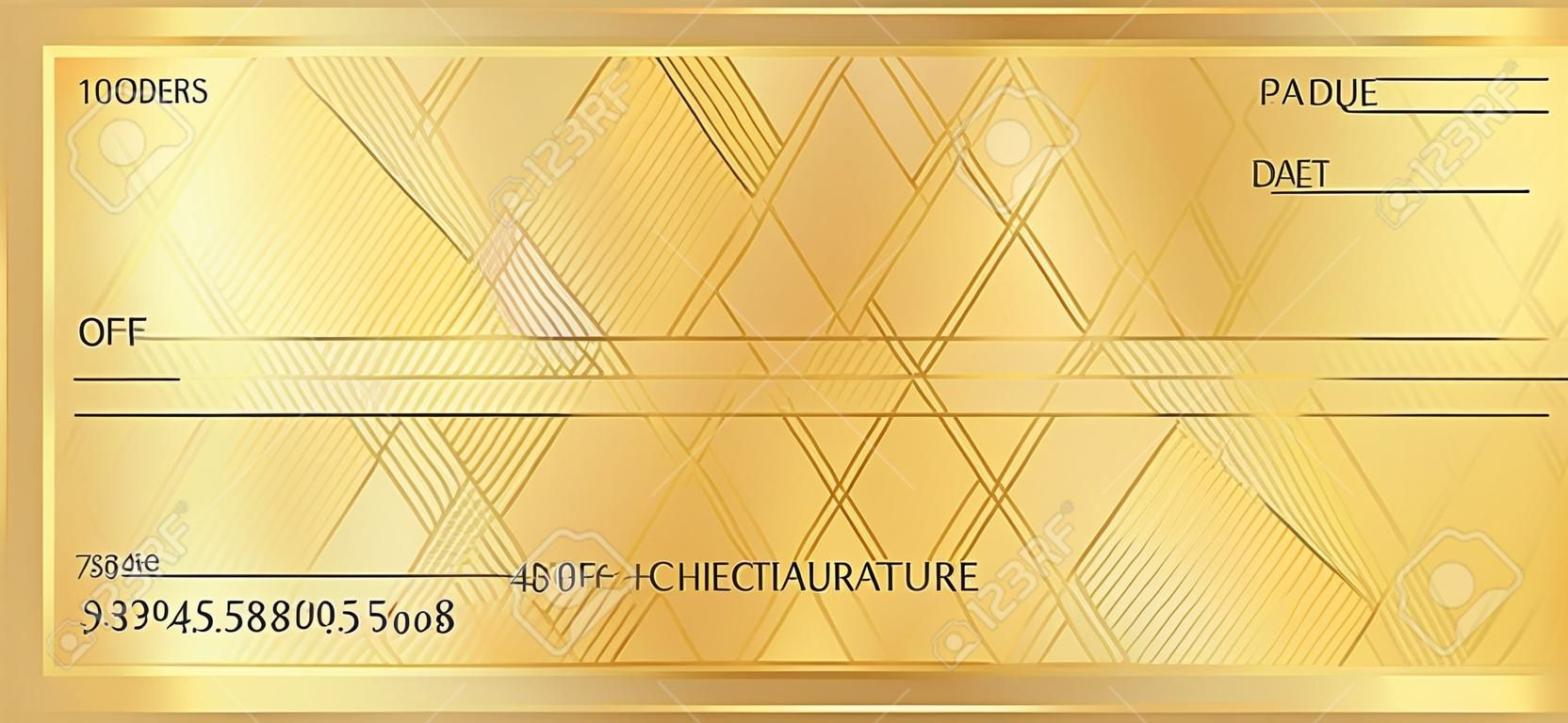 Cheque, Check, Chequebook template. Guilloche pattern with abstract geometric watermark. Golden background for banknote, money design, currency, bank note, Voucher, Gift certificate, Money coupon