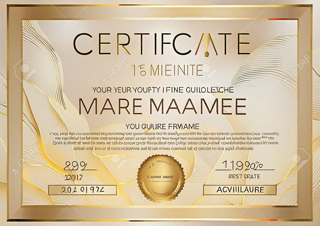 Zertifikatsvorlage mit Guilloche-Muster, goldener Rahmengrenze und Goldpreis. Hintergrunddesign für Diplom, Anerkennungsurkunde, Leistung, Abschluss, Exzellenz