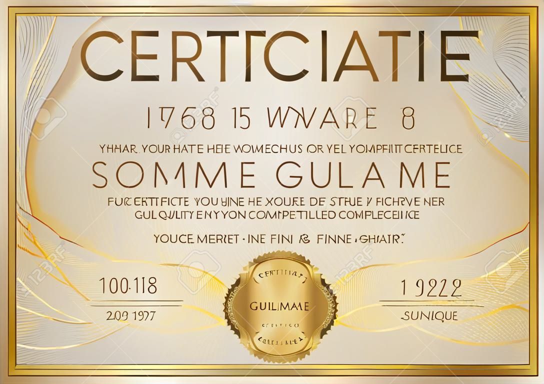 Zertifikatsvorlage mit Guilloche-Muster, goldener Rahmengrenze und Goldpreis. Hintergrunddesign für Diplom, Anerkennungsurkunde, Leistung, Abschluss, Exzellenz