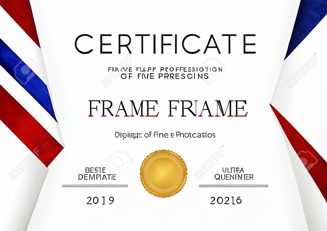 Modelo de certificado com bandeira da França (azul, branco, vermelho) quadro e distintivo de ouro. Projeto de fundo branco para Diploma, certificado de apreciação ou prêmio