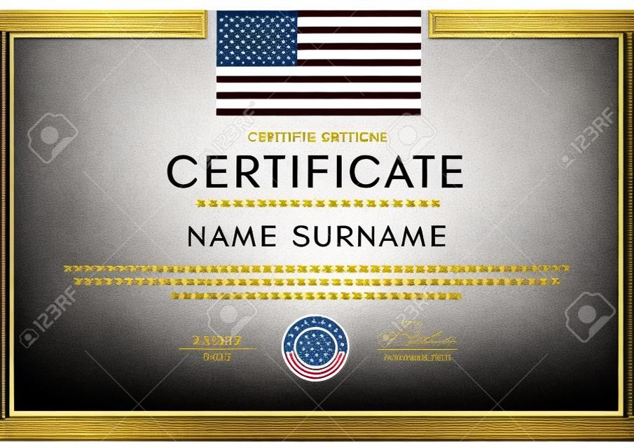 Certificate template with American flag (USA) frame and gold badge. White background design for Diploma, certificate of appreciation or award