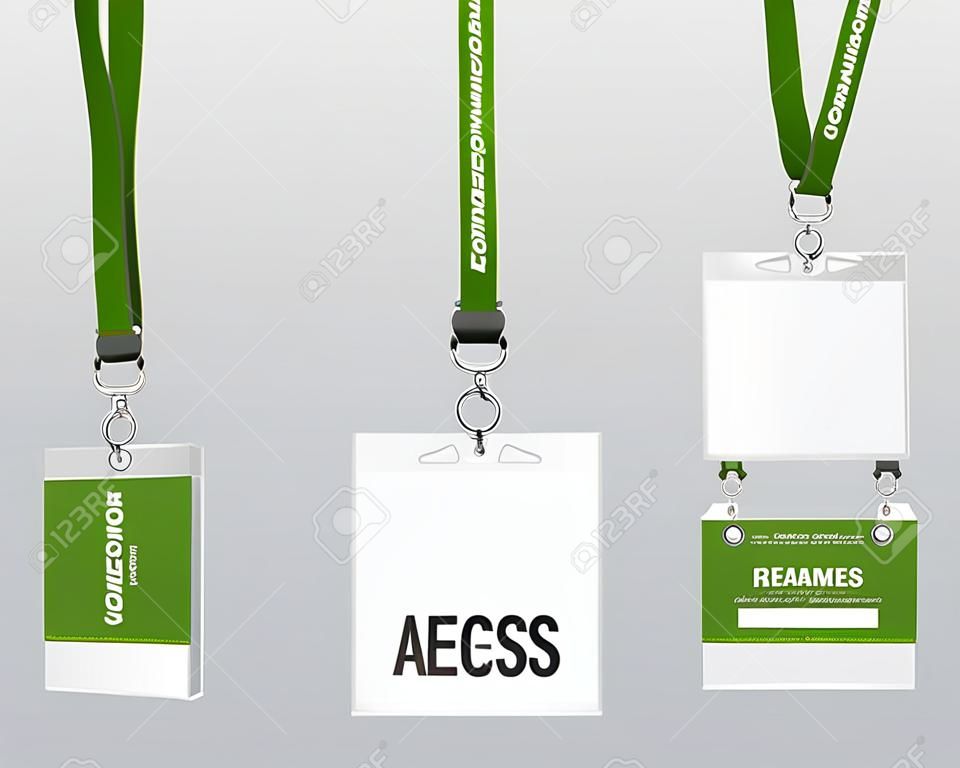 Set of lanyard and badge. Double closing piece of metal. Plastic badge. Template for presentation of their design. realistic vector illustration.