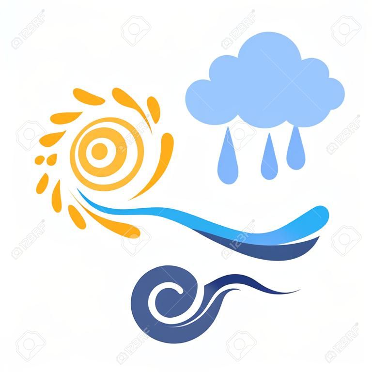Pictogram zon, regen, wolk, wind, golven, weersymbool, vector illustratie