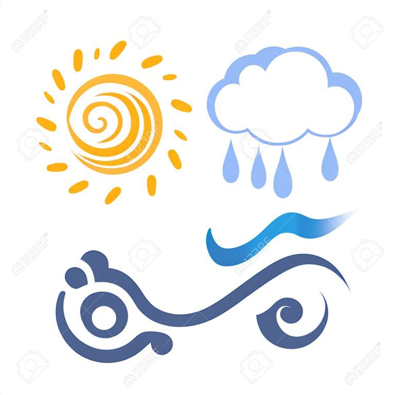 Icône soleil, pluie, nuage, le vent, les vagues, symbole météo, illustration vectorielle