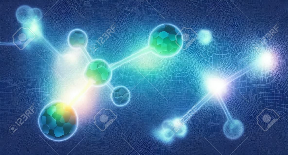 molecola o atomo, struttura astratta dell'atomo o della molecola per scienza o priorità bassa medica, illustrazione 3d