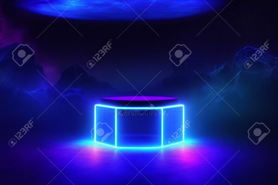 3D Rendering Illustration. Futuristic Sci Fi Dark Empty Room With Neon Glowing. 3D abstract background with neon lights.