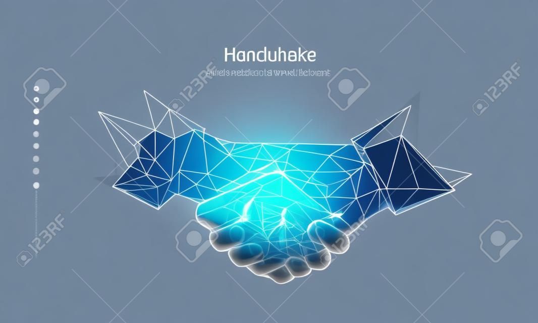 Dwie ręce. uścisk dłoni. streszczenie ilustracja na białym tle. model szkieletowy low poly. ręce gestów. biznes symbol. cząstki są połączone w geometryczną sylwetkę. zaawansowana technologicznie ilustracja 3d