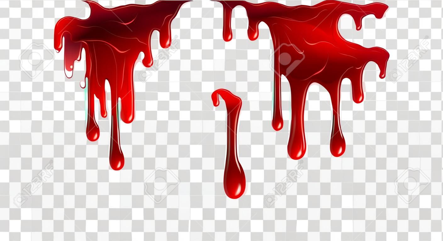 シームレスな血液を滴下。流れる液体、濡れたドリップ。厚い赤いケチャップやジャムはハロウィーンのコンセプトを流れ落ちる:血液滴下 - 透明な背景上のシームレスなベクトル