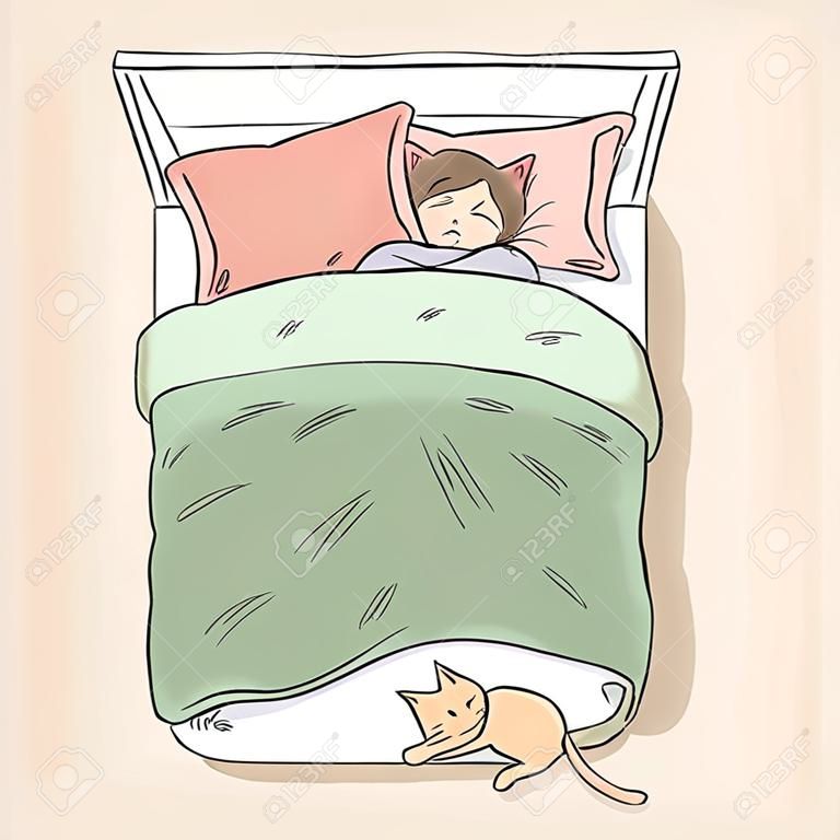 毛布の下で足をつかむ猫。女の子は彼女の猫のために目を覚ます。トップ ビュー。