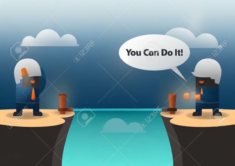 Businessman motivate his friend to cross the cliff by saying \"You Can Do It\"