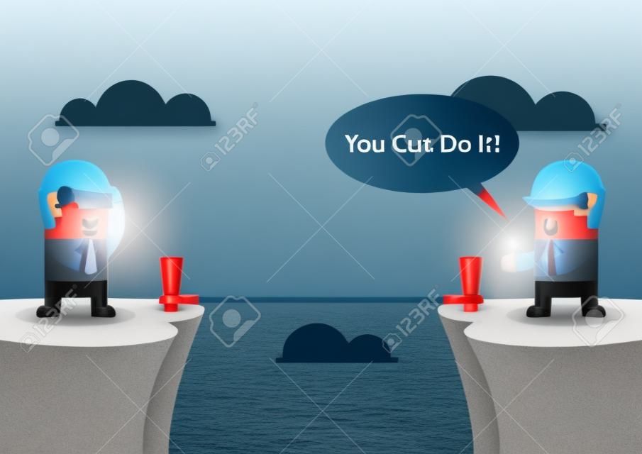Homme d'affaires motiver son ami à traverser la falaise en disant "You Can Do It"