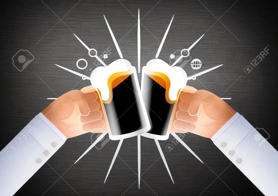 Dwa biznesmen ręce opiekania szklanki piwa, powodzenie, koncepcja partnerstwa