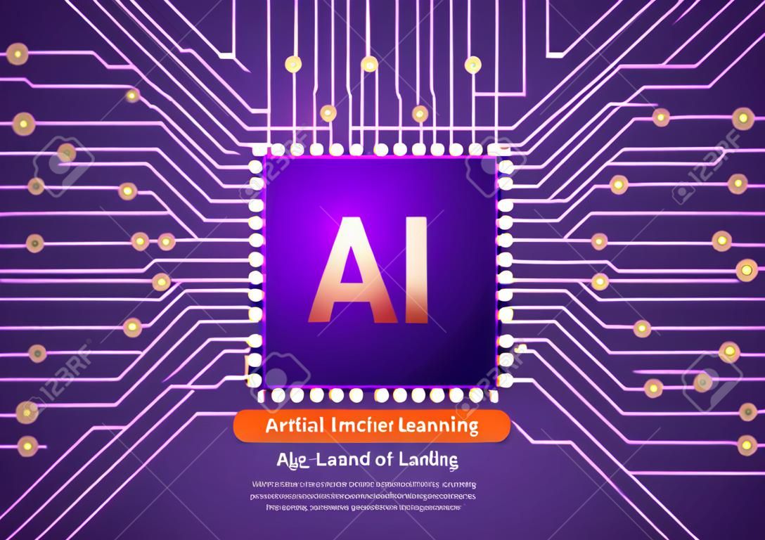 Web banner Artificial Intelligence AI chip on computer circuit board. AI and Machine learning concept landing page.