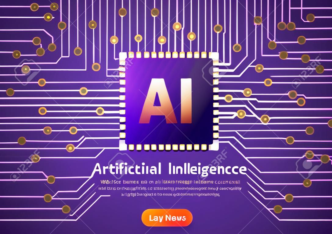 Bannière Web Puce d'intelligence artificielle AI sur carte de circuit informatique. Page de destination du concept d'IA et d'apprentissage automatique.