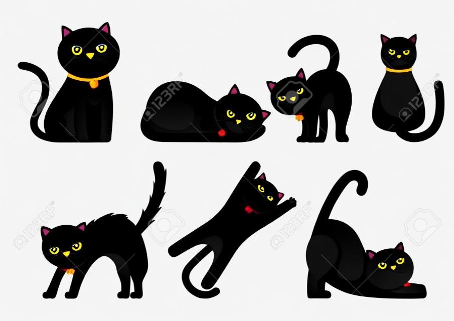 Set van leuke zwarte katten Set geïsoleerd op witte achtergrond. Grappige cartoon dier tekens