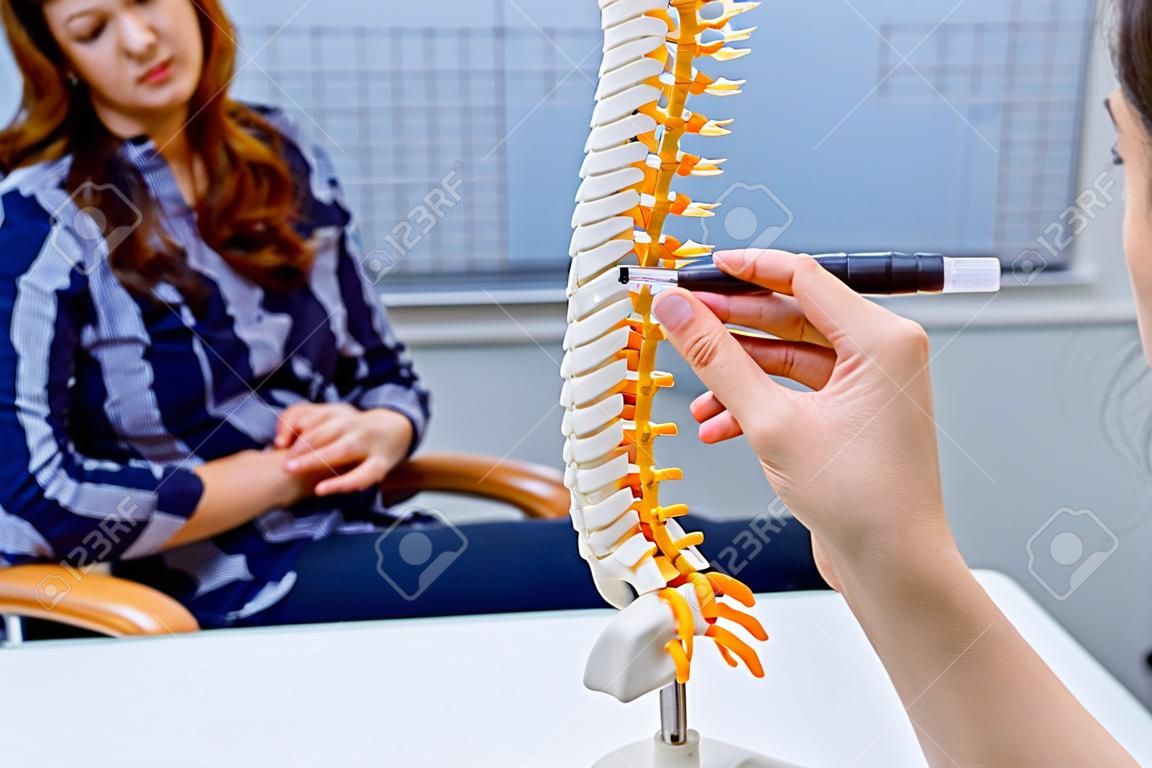 Zbliżenie lekarz medycyny kobieta wskazuje na kręgosłupa modela i wyjaśnia żeńskiego pacjenta jej problem. Pojęcie opieki zdrowotnej